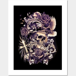 SKULL with Dove Cross Flowers Religious Tattoo Art Posters and Art